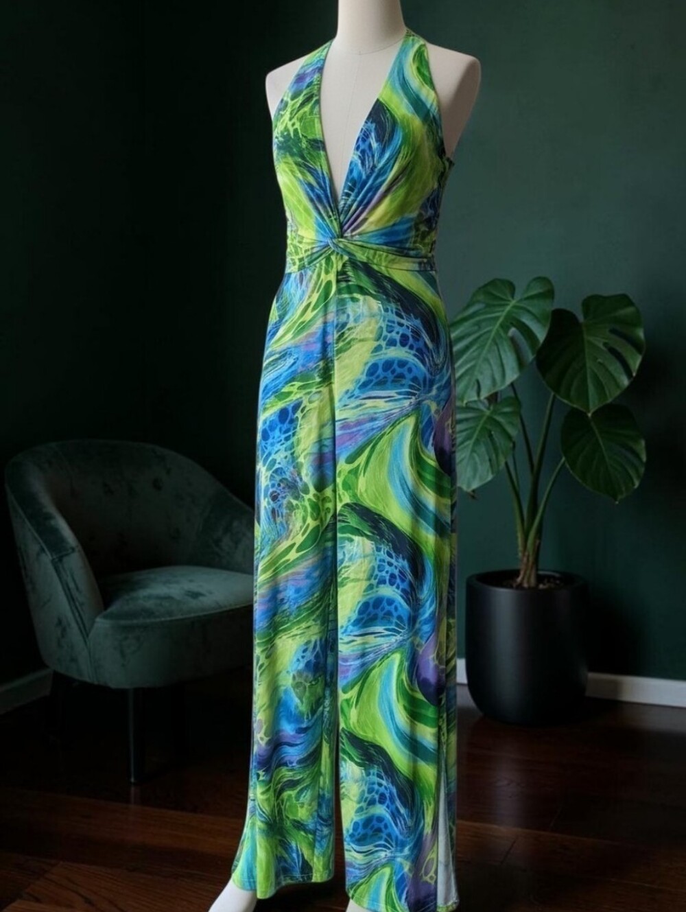 Fashion Nova Abstract Print Wide Leg Jumpsuit Women's Large Neon Blue Green Open